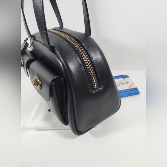 Coach Twin Turnlock Bag 20 Satchel in Dark Brass/Black Waxed Smooth Leather NWT - Picture 2 of 6